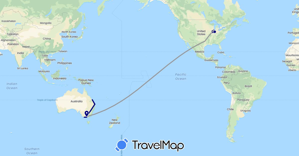 TravelMap itinerary: driving, plane, boat in Australia, United States (North America, Oceania)